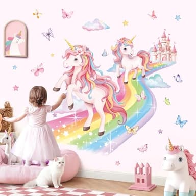 decalmile 2 Large Unicorn Rainbow Wall Decals Fairy Castle Cloudy Butterfly Wall Stickers Girls Bedroom Baby Nursery Kids Room Home Decor