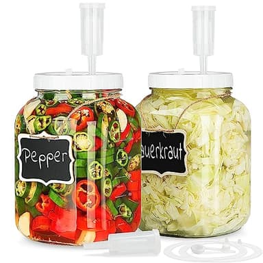 Folinstall 2 Pack 1 Gallon Large Fermentation Jars w 2 SCREW Lid and 3 Airlock - 100% Airtight Lid, Wide Mouth Glass Jar, Pickle Jar w Scale Mark for Sourdough Starter