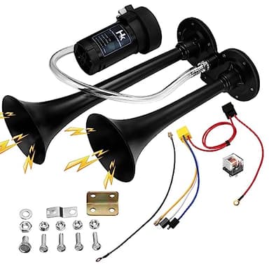 150db Super Loud Dual Trumpet Air Horn Kit with Compressor for Vehicles, Trucks, Trains, Boats - 12V, Black