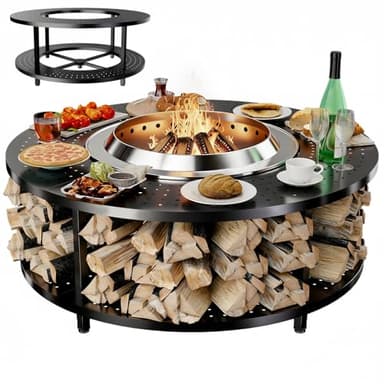 Fire Pit Surround Tabletop for Solo Stove Yukon 1.0 & 2.0, 48" Fire Pit Surround Tabletop with Wood Storage Shelf, Powder-Coated Steel Surround Tabletop with Extra Space with Raised Stand