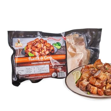 DELE FOOD Diced Pork Belly Chicharron, 1.2 lbs – Pre-Cooked Panceta de Cerdo Cubes for Oven or Air Fryer – Gourmet Chicharrones with Pork Fat and Meat – Ready to Bake, Crisp, and Serve