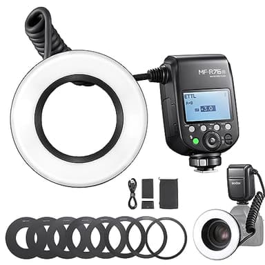 GODOX MF-R76N TTL Macro Ring Flash for Nikon TTL/M Mode 5900K 76Ws 2.4G Wireless Control 550 Full-Power Flashes 0.1-1s Recycle Time Dual-Flash Tubes with LCD Screen for Inscet Plant Jewelry Shooting