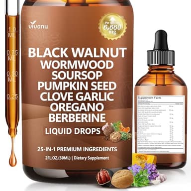 25-in-1 Liposomal Black Walnut Wormwood Clove Tincture, Cleanse for Humans Drops Liquid, Lymphatic Support with Garlic, Mullein, Soursop, Pumpkin Seed, Berberine, Turmeric, Echinacea, Cinnamon