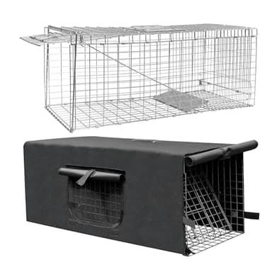 Live Feral Cat Trap Cage with Cover, Heavy Duty Folding Animal Traps Cage for Stray Cats, Humane Cat Trap for Raccoon, Squirrel, Skunk, Catch and Release - (32 x 10 x 12 inches)