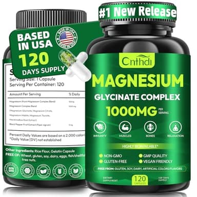 Magnesium Glycinate Complex 1000mg, Magnesium Supplement with Citrate, Malate & Taurate for Women and Men, Manganese, Chelated High Absorption for Stress Relief, Muscle, Vegan & Non-GMO
