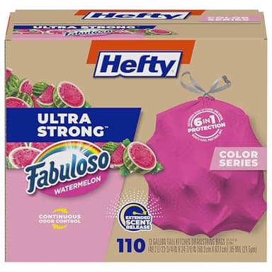 Hefty Ultra Strong 13 Gallon Trash Bags, Tall Kitchen Trash Bags 13 Gallon Size, Resist Leaks, Punctures, and Rips, Continuous Odor Control, Pink, Fabuloso Watermelon Scent, 110 Bags