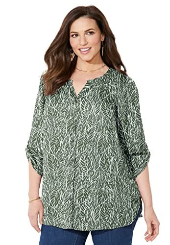 Catherines Women's Plus Size Breezeway Georgette Blouse - 2X, Olive Green Leaf Outline