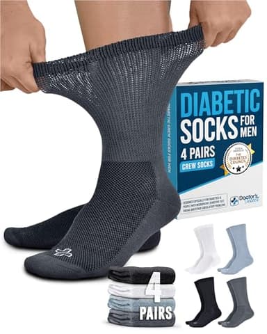 Doctor's Select Diabetic Socks for Men - 4 Pairs Crew Neuropathy Socks for Men | Black, White, Light Gray, Gray | Diabetic Socks for Men 9-12 | Moisture Management