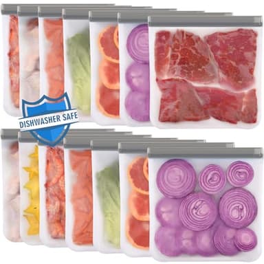Lerine 14 Pack Reusable Gallon Freezer Bags Dishwasher Safe, BPA Free Reusable Freezer Bags 1 Gallon, Leakproof Food Storage Bags for Meal Prep, Fridge Kitchen Organization (Gray, 14Gallon)