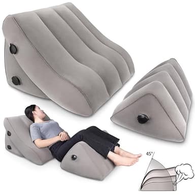 SAHEYER Inflatable Bed Wedge Pillow Set, 2 PCS Post Surgery Support Pillow for Back, Knees, Leg Pain Relief, Adjustable Sitting Pillows for Anti Snoring, Heartburn, GERD Sleeping (Grey)