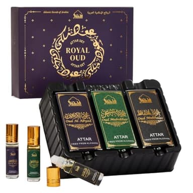 Dukhni Royal Oud Attar Oil Set Pure original Oudh oil, Islamic fragrances, Eid & Ramadan gifts for men and women | 3 assorted mini roll on perfume scents x 6ml | Arabic oudh oil, arab perfumes