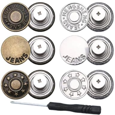 6pcs Buttons pins for Loose Jeans, 17 mm No-Sew Nailess Removable Metal Jeans Buttons Replacement, Adjustable Metal Pants Button Tightener,Repair Combo Thread Rivets and Screwdrivers