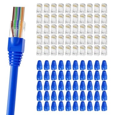 CableGeeker 100-Pack Pass-Through RJ45 Connector with Blue Strain Relief Boots, Gold Plated Cat6 RJ45 Connectors Cat 6 Ends Compatible with Cat5/Cat5e, Network Modular Plug for UTP Ethernet Cable