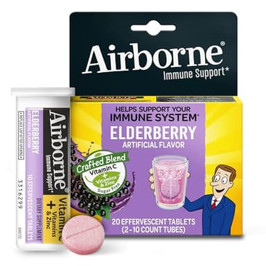 Airborne Elderberry Extract + Vitamin C 1000mg (per Serving) - Effervescent Tablets (20 Count in a Box), Gluten-Free Immune Support Supplement, with Vitamins A C E, Zinc, Selenium, Sugar Free
