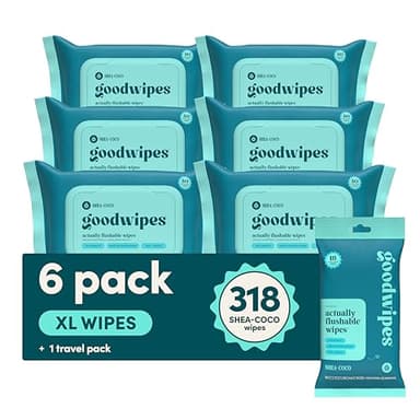 goodwipes Flushable Butt Wipes - Vitamin E & Aloe - Sewer & Septic Safe - Extra Large Adult Wet Wipes For Women & Men - Bathroom Essentials - Shea-Coco, 318 Count (6 Packs + 1 Travel)
