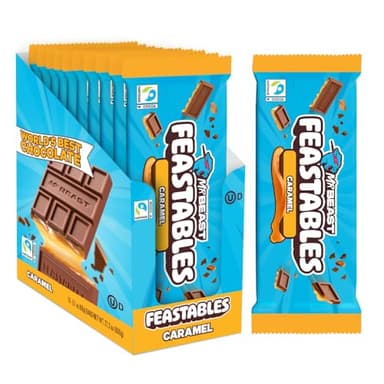 MrBeast Feastables Caramel Chocolate Bar, King Size, 10 Count, Smooth Caramel Filled Chocolate Candy, Fairtrade Cocoa, 2.1oz Each