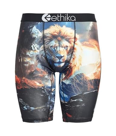 Ethika Men’s Boxer Brief, Knee Length, 4-Way Stretch Performance Underwear with Graphic Prints - Lion Hearted (BLU, M)
