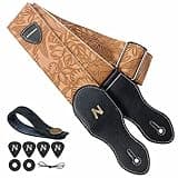 Nefelibata Guitar Strap with Pick Pocket,2.3 inch Porter Style Vegan Leather Carving Guitar Straps,60s Vintage Style（Brown Yellow）