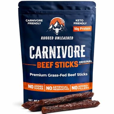 Rugged Unleashed Grass Fed Beef Sticks – Premium Carnivore Snacks With High Protein Meat Sticks, Savory Beef Jerky Snack Sticks, Carnivore Bar, No Nitrates, Zero Sugar, Keto, Paleo & Carnivore Diet Friendly, 6 oz pack