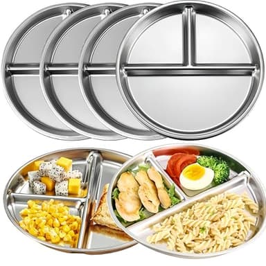 MYOVPLUT Stainless Steel Kids Plates Set of 6, 9 Inch Divided Plate for Adults and Toddlers,Metal Portion Control Plates for Balance Lunch, Bariatric & Diabetic Diet,Unbreakable,Dishwasher Safe