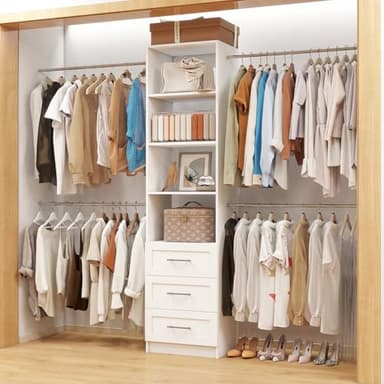 Closet System with Drawers, 5FT-9FT Custom Closet Organizer System 114.9" Walk in Wood Closet Storage System with 4 Expandable Hanging Rods Wall Mount White