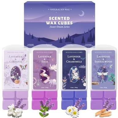 SCENTORINI Wax Melts, Wax Cubes Strong Scent, Long Lasting Lavender Scented for Sleep, Wax Melts for Warmer, 2.5 oz 4-Pack - Lavender & Gardenia, Sage, Chamomile, Sandalwood