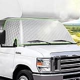 NEVERLAND RV Windshield Window Cover for Class C Ford E450 1997-2025 Motorhome, Windshield Cover for Ice and Snow RV Front Window Sunshade Cover RV Accessories with Mirror Cutouts Silver