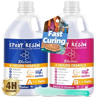 JDiction Fast Cure Epoxy Resin, 1Gallon 4 Hours Demold Epoxy Resin Kit - Crystal Clear, Bubble-Free, Not-Yellowing, Self-Leveling for Art Resina, Jewelry, Craft, Fast Casting & Easy Mix Epoxy Resina
