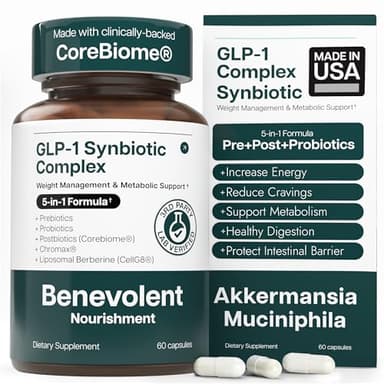 Benevolent Glp-1 Support | 5-in-1 Synbiotic with Akkermansia, MetSyn®, Chromax® & Liposomal Berberine | Natural GLP 1 Probiotics Supplement for Weight Management & Metabolic Balance, 60 Ct