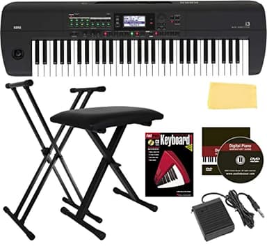 Korg i3 Music Workstation - Matte Black Bundle with Adjustable Stand, Bench, Sustain Pedal, Instructional Book, Austin Bazaar Instructional DVD, and Polishing Cloth