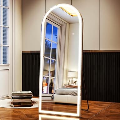 XRAMFY LED White Arched Full Length Mirror - 24“ x 65” Adjustable Brightness, Touch Screen Controls, Wall Mounted or Freestanding for Bedroom, Living Room, Cloakroom Dressing Mirror