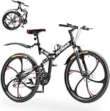 Max4out 26 Inch Folding Mountain Bike, 21 Speed Full Suspension Bicycle with High-Carbon Steel, Dual Disc Brake Non-Slip Quick Release tire MTB for Adults/Men/Women