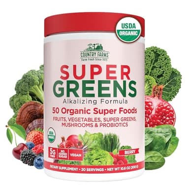 Country Farms Organic Super Greens Berry Flavor, 50 Organic Super Foods, Packed with Fiber, USDA Organic Drink Mix, Fruits, Vegetables, Mushrooms & Probiotics, Supports Energy, 5g Fiber