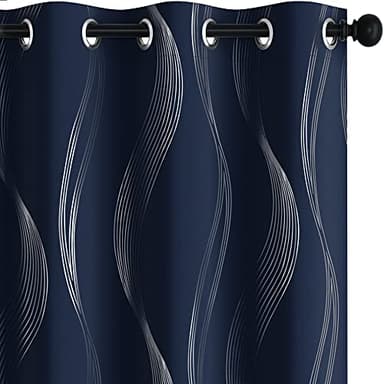 Deconovo Silver Wave Print Blackout Curtains - Thermal Insulated & Noise‑Reducing Grommet Drapes for Bedroom & Living Room, Oeko‑TEX Certified, Navy Blue, 52W x 90L, 2 Panels