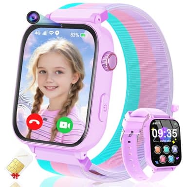 4G Kids Smart Watch for Boys Girls, Kid Watch Phone Ages 4-12 with Call, GPS, SOS, Video Call, Games, Camera, Alarm, Touchscreen Smartwatch for Children Birthday Gift (Includes SIM Card), Purple