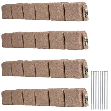 Beuta Landscape Edging | Garden Edging Border | Faux Stone Blocks for Lawn Edging, Flower Beds & Yard Edging – 4 Pack | Each Section Has 6 Blocks 48" L x 4" W x 6.5" H | 8 Spikes | Cobblestone