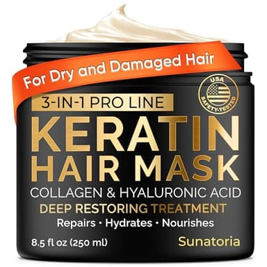 SUNATORIA Keratin Hair Mask - Deep Repair for Dry, Damaged Hair - Hydrolyzed Keratin, Hyaluronic Acid, Argan Oil and Collagen - Sulfate-Free, Paraben-Free| 8.5 fl oz