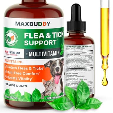 MaxBuddy Flea and Tick Oral Prevention Support & Treatment for Dogs and Cats – Natural Flea Control with Multivitamin - Supplement Drops for Small and Large Dogs – Made in The USA