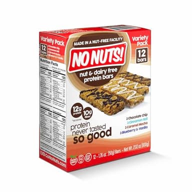 No Nuts! Protein Bar Variety Pack – 12 Count | Nut-Free & School-Safe | Chocolate Chip, Caramel Mocha, Cinnamon Roll & Blueberry Vanilla | Dairy-Free, Vegan, Non-GMO, Organic, Kosher