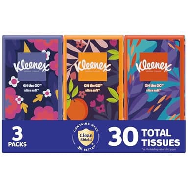 Kleenex On-The-Go Facial Tissues, 3 On-The-Go Packs, 10 Tissues per Box, 3-Ply (30 Total Tissues), Packaging May Vary