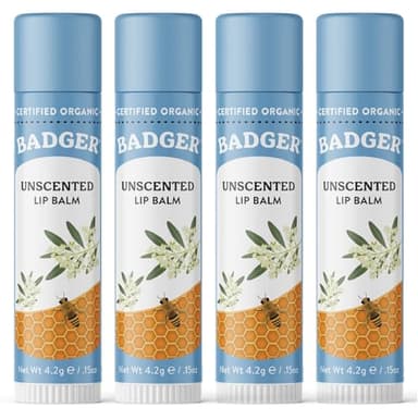Badger Unscented Classic Lip Balm, 100% Organic Lip Balm for Sensitive Lips, Long Lasting Lip Moisturizer w/Light Silky Texture, 4 Pack