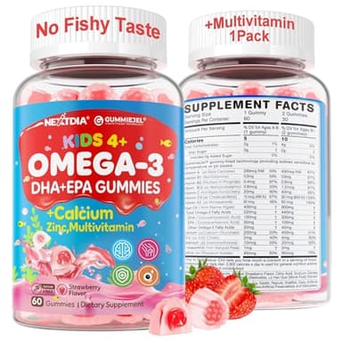 Nextdia Omega 3 (EPA/DHA) Filled Gummies for Kids Teen with Multivitamin, Calcium + D3 + K2 + Zinc, Plus Vitamin A B1 B2 B12 C, Selenium, Iodine for Brain, Eye, Bone, Energy, No Fish Taste, Sugar Free