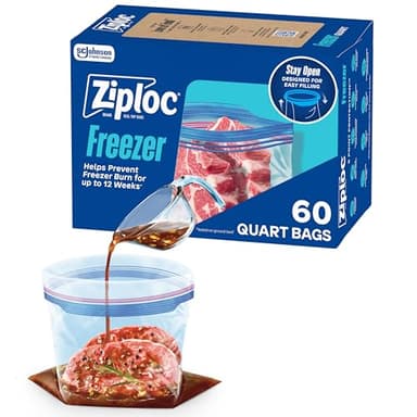 Ziploc Quart Food Storage Freezer Bags, Stand-Up Bottom, Easy to Fill, 60 Count (Packaging May Vary)