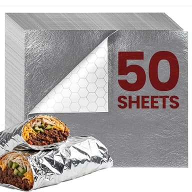 50 Packs Heavy Duty Insulated Aluminum Foil Sheets – 14" x 10.3" Disposable Food Wraps for Sandwiches, Burritos, BBQ, Burgers, Hot & Cold Food