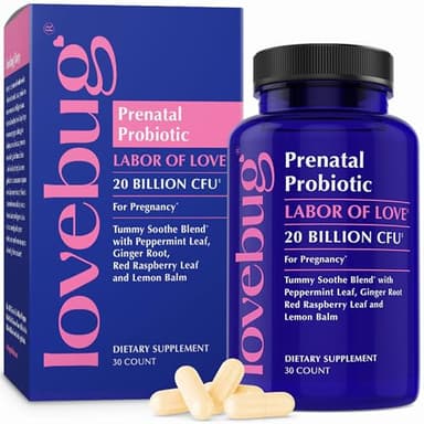 LOVEBUG Prenatal Probiotic Supplement - 7 Probiotics & Prenatal Vitamins for Women, 20 Billion CFU, with Soothing Peppermint, Ginger, Raspberry Leaf and Lemon Balm. 30 Capsules