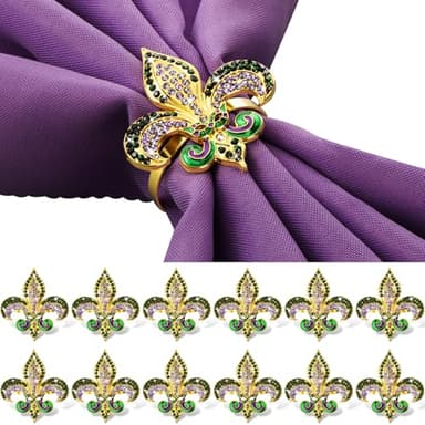 Remerry 12 Pcs Mardi Gras Napkin Rings Glitter Fleur De Lis Napkin Cloth Holder Rings Purple Gold Green Diamond Carnival Masquerade Party Centerpieces Decorations Dinner Tables Serviette Buckles