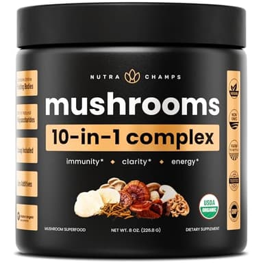 NutraChamps Organic Mushroom Powder - 10-in-1 Complex - Mushroom Supplement Powder Blend for Memory, Focus & Immune Support - 8oz (8.0 OZ, Mushroom Blend)