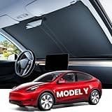 REEVAA 2025 Tesla New Model Y (Juniper) Sunshade Windshield [Tailored Fit, 99% Sun Protection] Foldable Sun Shade Accessories with Storage Bag for 2019-2025 Model Y, Silver Coating