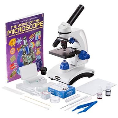 AmScope M162C-2L-PB10-WM-SP14-50P100S 40X-1000X Beginners Microscope Kit for Kids & Students w/Complete Science Accessory Kit + World of The Microscope Book