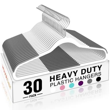 HOUSE DAY Heavy Duty Plastic Hangers 30 Pack, Non Slip Clothes Hangers with Rubber Pads and 360° Hook - Thin 0.2 Inch, Space Saving Coat Hanger White, Closet Organizer for Shirt, Pants, Suit, Skirt